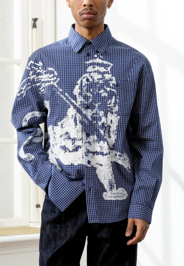 lion button shirt check blue